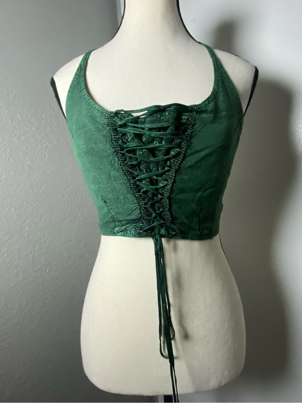 Y2K Boho Fairy Forest Green Embroidered Cropped Corset Halter Top One Size